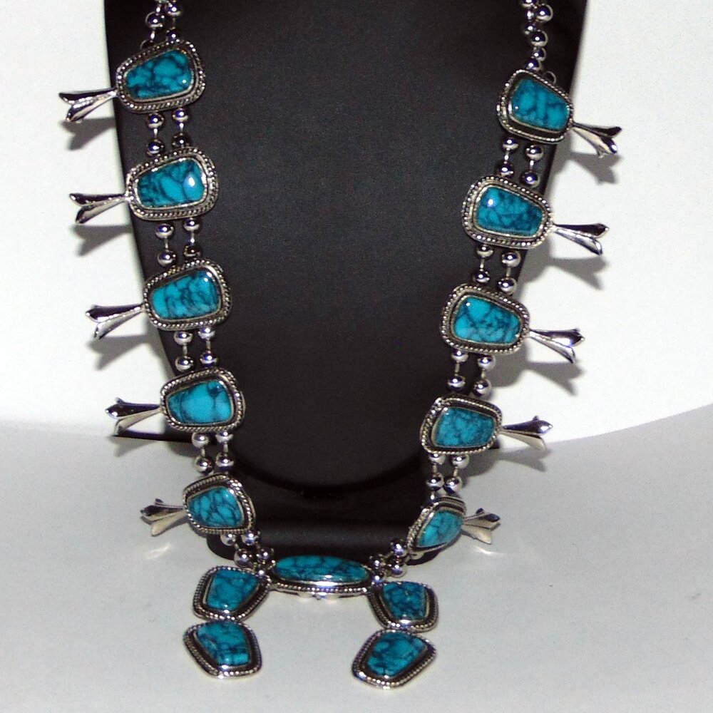 Vintage Goldette Faux Turqouise and Silvertone Squash Blossom Necklace Good Cond